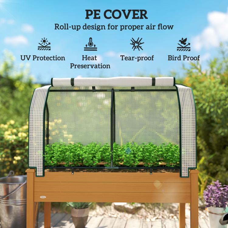 Raised garden bed planter with white mesh PE greenhouse cover and roll-up top bar