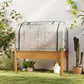 Raised garden bed planter with white mesh greenhouse cover and sand wooden frame