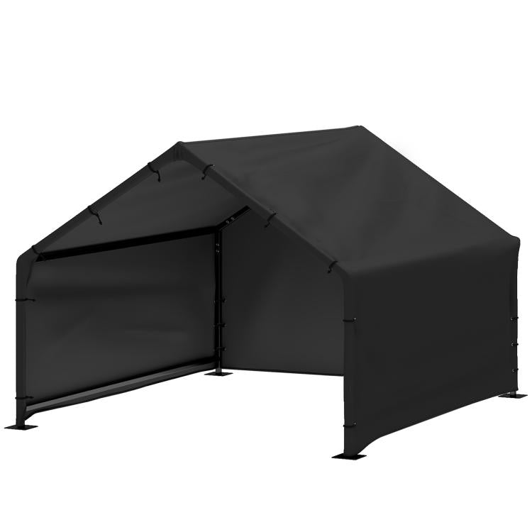 Black dog tent shelter with canopy roof and front opening, steel legs