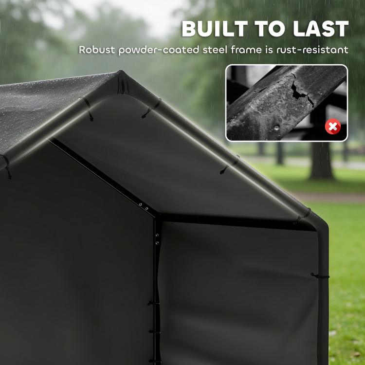 Black canopy dog shelter with powder-coated steel frame and reinforced joints