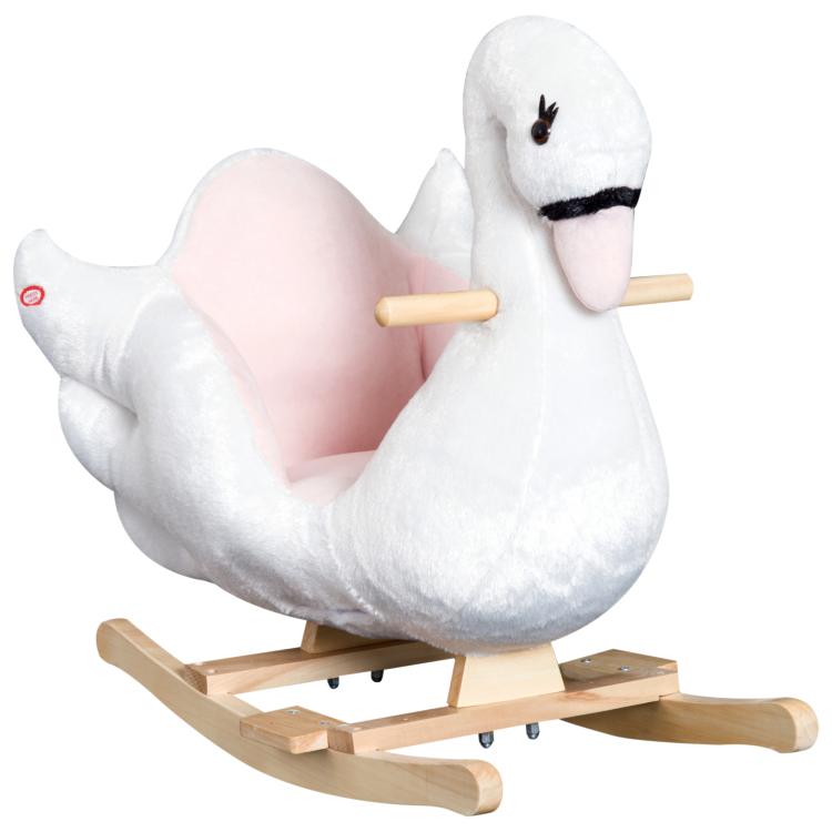 White and pink plush swan rocking horse toy with wooden base and handles