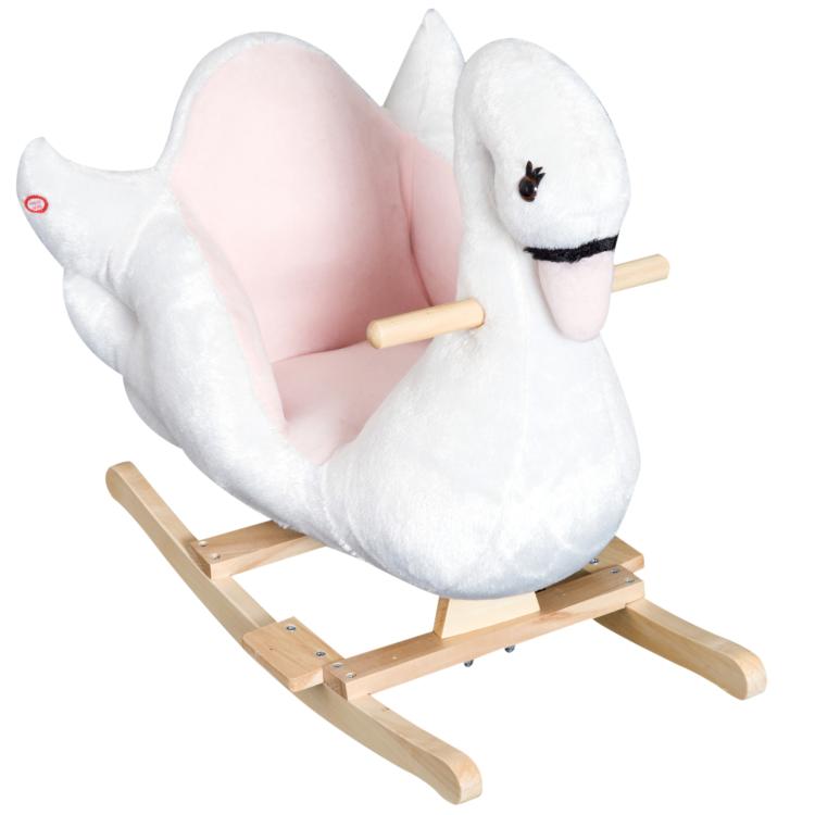 White plush swan rocking horse toy with pink padded seat and wooden rockers