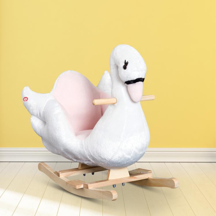 Plush swan rocking horse toy with pink belly, wooden rockers, wooden handles