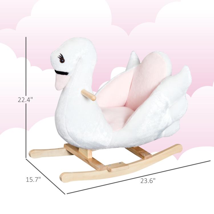 White plush swan rocking horse with pink padded seat and wooden rocker base