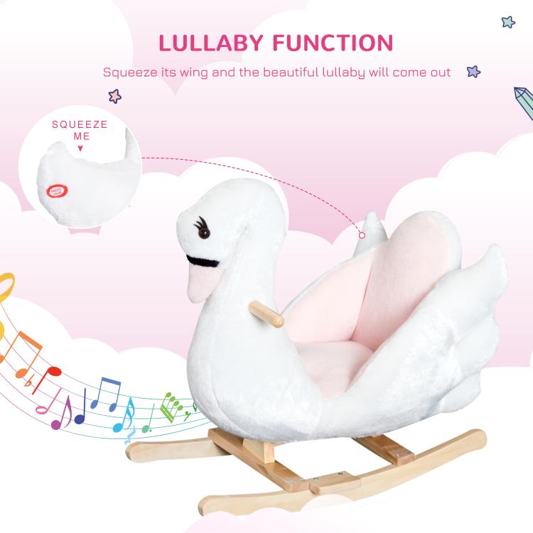White plush swan rocking horse with wooden rocker base and pink padded seat