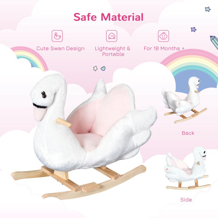 White plush swan rocking horse toy with pink padded seat and wooden rockers