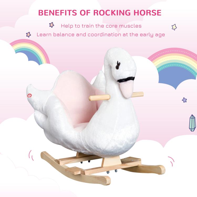 White plush swan rocking horse with black stitched beak and wooden rockers