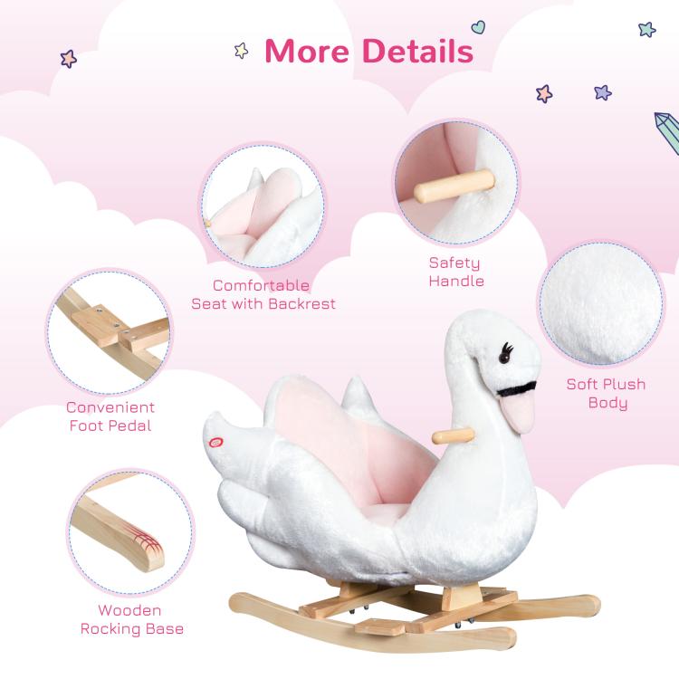Plush swan rocking horse with wooden base, backrest seat, and safety handle