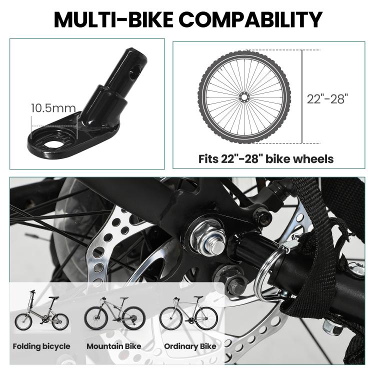 Black bike cargo trailer hitch and 16-inch pneumatic-style wheel
