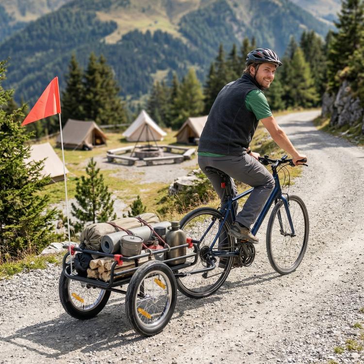 Bicycle trailer with black cargo frame and two large pneumatic wheels behind the bike