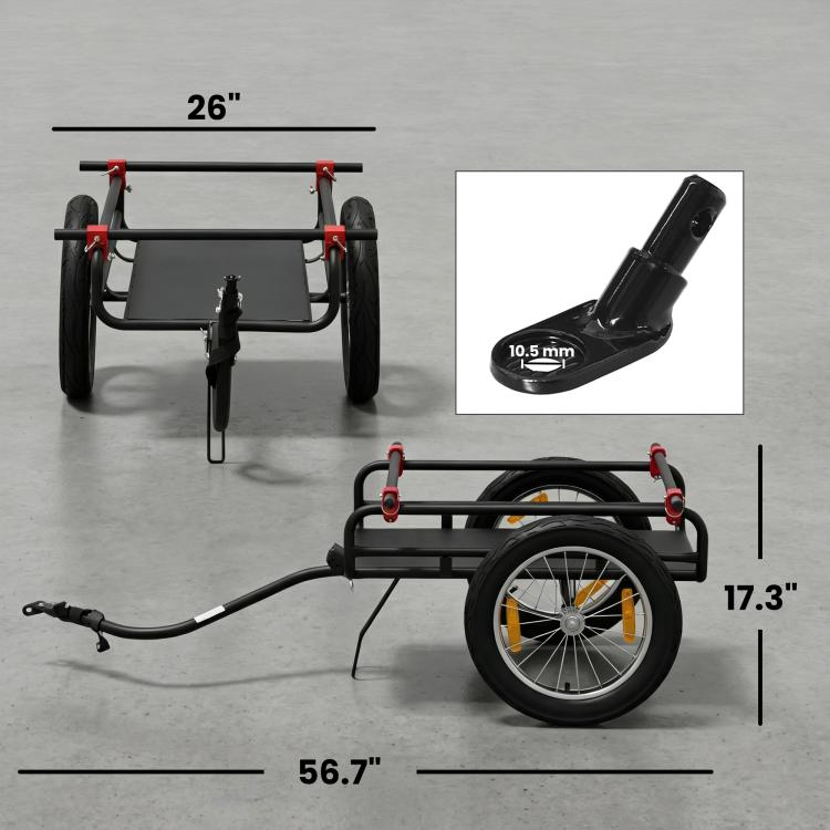 Bike cargo trailer dimensions view with black frame, red wheel caps, and hitch bar