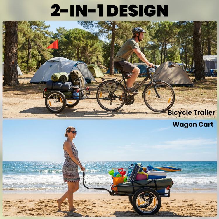 2-in-1 bicycle trailer and wagon cart with black frame and orange pull flag