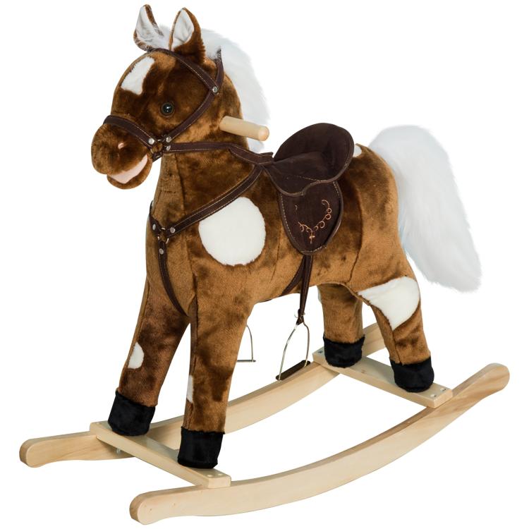 Dark brown plush rocking horse with white muzzle and wooden rocking base