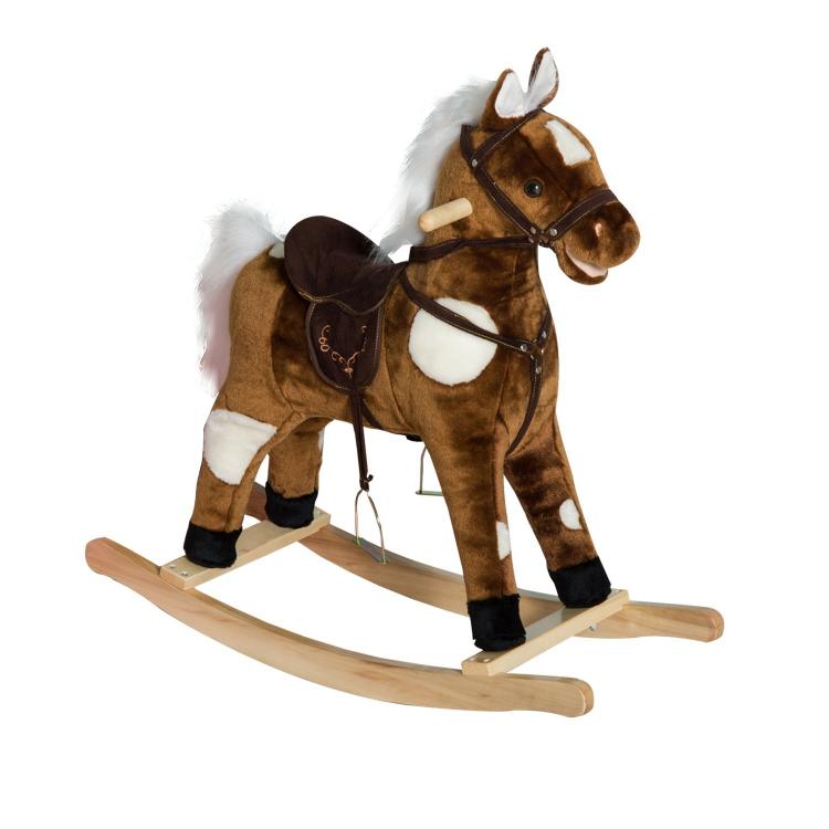 Plush rocking horse chair toy with dark brown fur, white patches, and wooden rockers