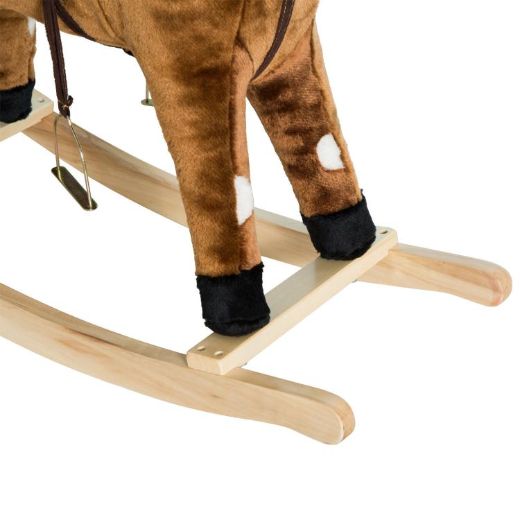 Kids dark brown plush rocking horse with wooden rockers and padded legs