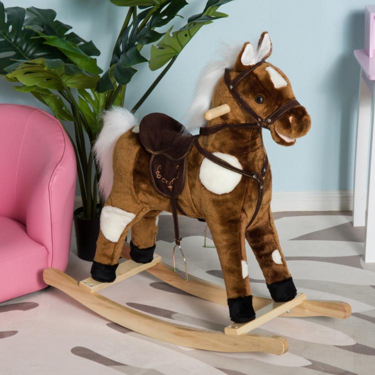 Dark brown plush rocking horse chair toy with white mane and wooden rocking base