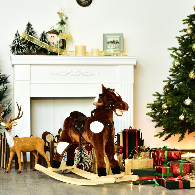 Dark brown plush rocking horse with white mane and wooden rocker base