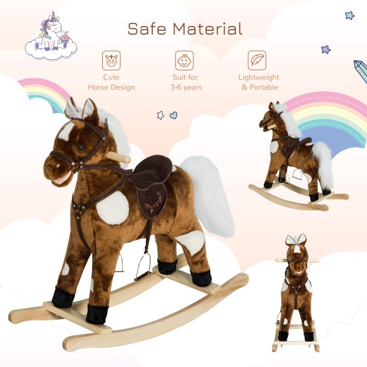 Dark brown plush rocking horse chair toy with white mane and wooden rocking base