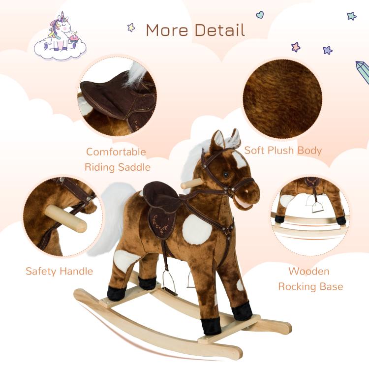 Plush rocking horse chair with riding saddle, safety handle, and wooden rocking base