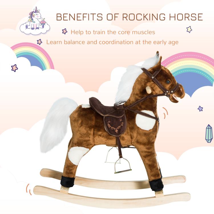 Dark brown plush rocking horse with white mane, plush saddle, and wooden rocking base