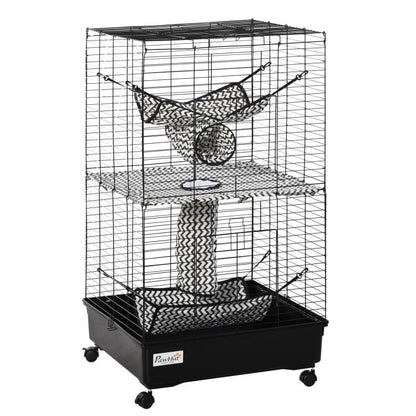 Black wire ferret cage with hanging hammock platforms and woven tunnel tower