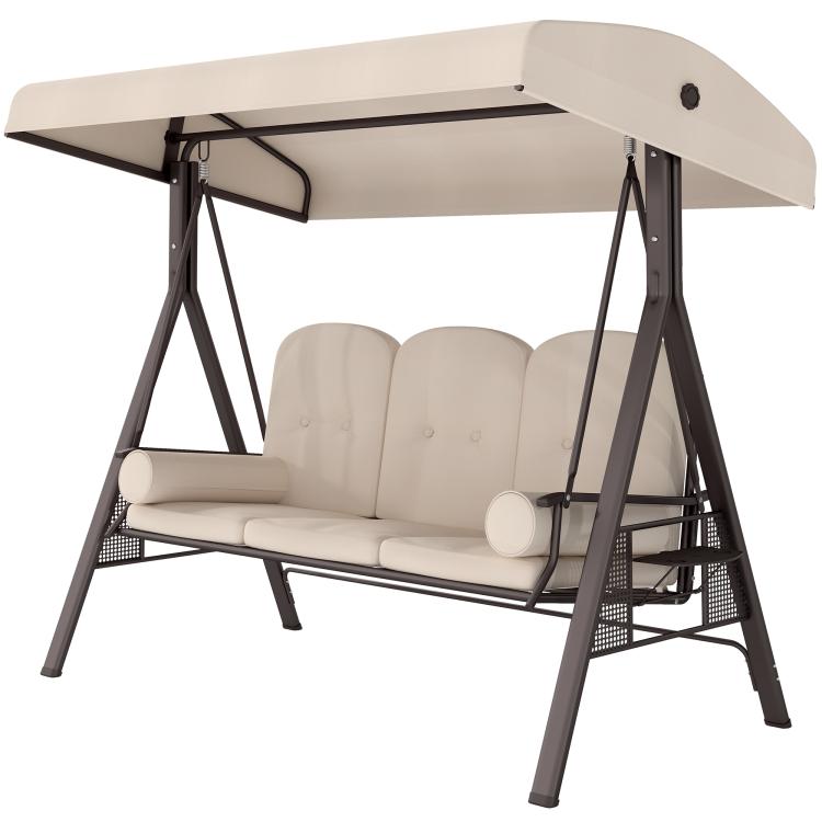 Beige 3-seat porch swing glider with canopy and three seat back cushions
