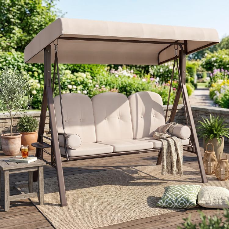 Beige 3-seat outdoor swing glider with adjustable canopy and padded cushions