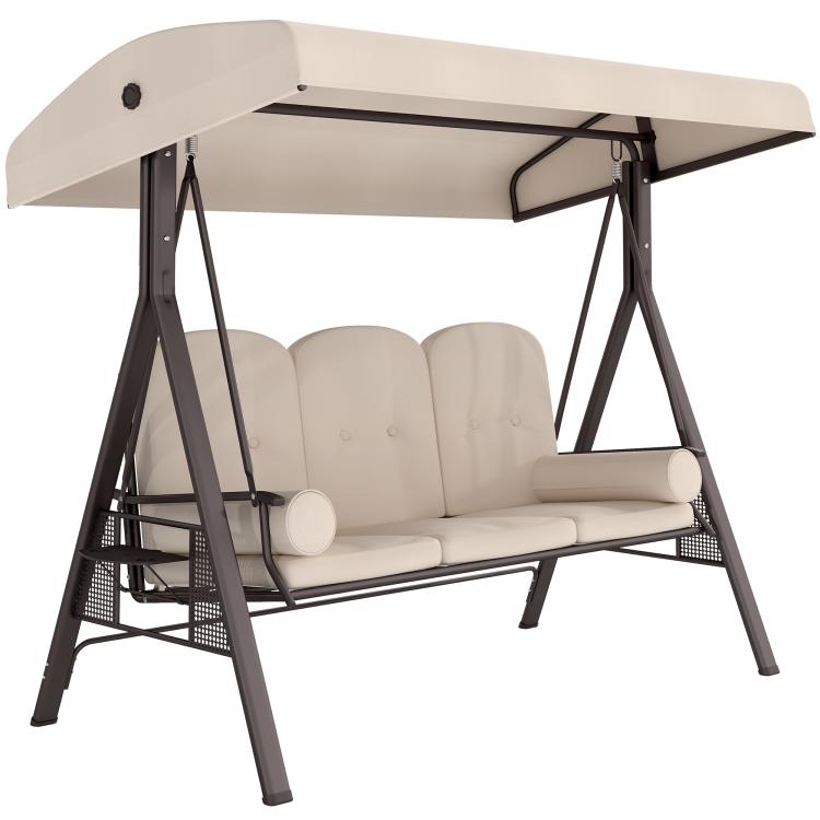 Beige 3-seat porch swing glider with canopy, three padded seat backs