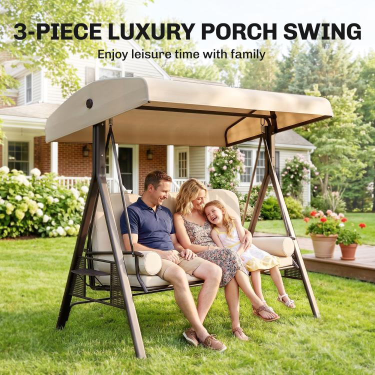 Beige 3-seat porch swing with canopy and padded bench for three people