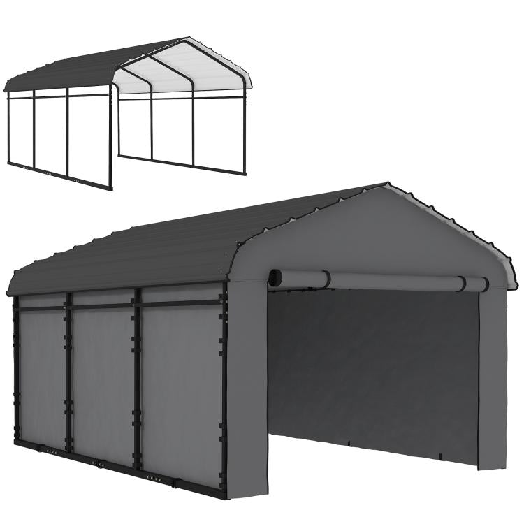 Dark gray metal carport with arched roof and removable side panels, open front