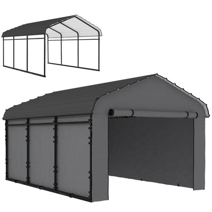 Dark gray metal carport with arched roof and removable side panels, open front