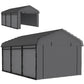 Dark gray metal carport with arched roof and closed side panels, front entrance