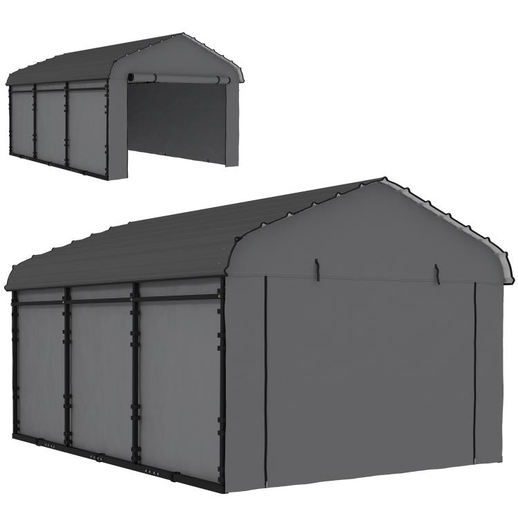 Dark gray metal carport with arched roof and closed side panels, front entrance