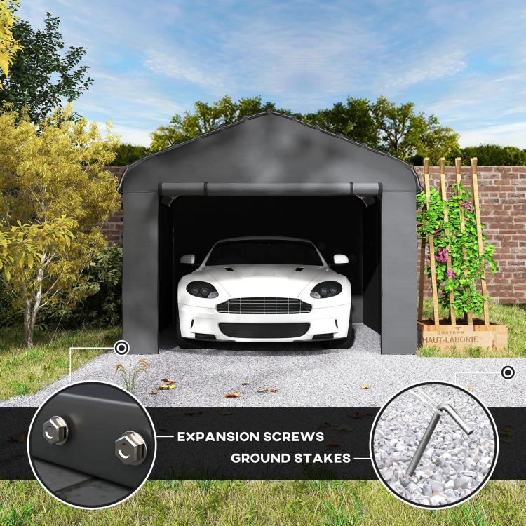 Dark gray metal carport with sloped roof, open front, removable side panels and stakes