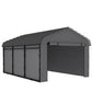 Dark gray metal carport with sloped roof and open removable sidewalls, garage-style