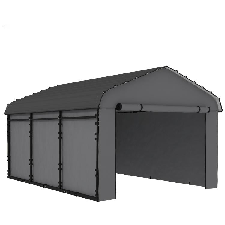 Dark gray metal carport with sloped roof and open removable sidewalls, garage-style