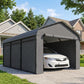 Dark gray metal carport shelter over a car, arched roof and open front