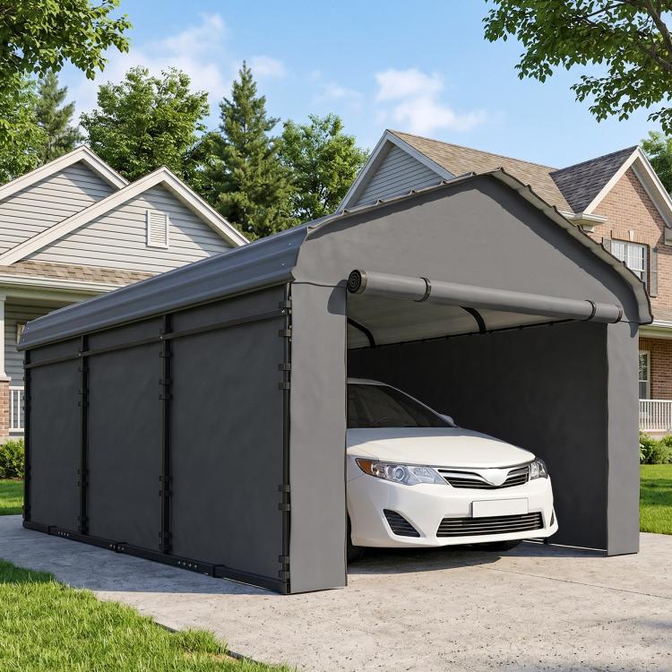Dark gray metal carport shelter over a car, arched roof and open front