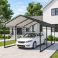 Dark gray metal carport with arched roof, open side panels and parked car