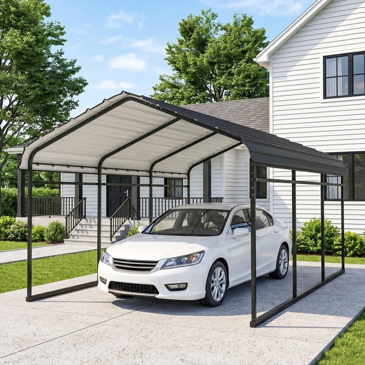 Dark gray metal carport with arched roof, open side panels and parked car