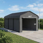 Dark gray metal carport with arched roof, side panels installed and wide entrance