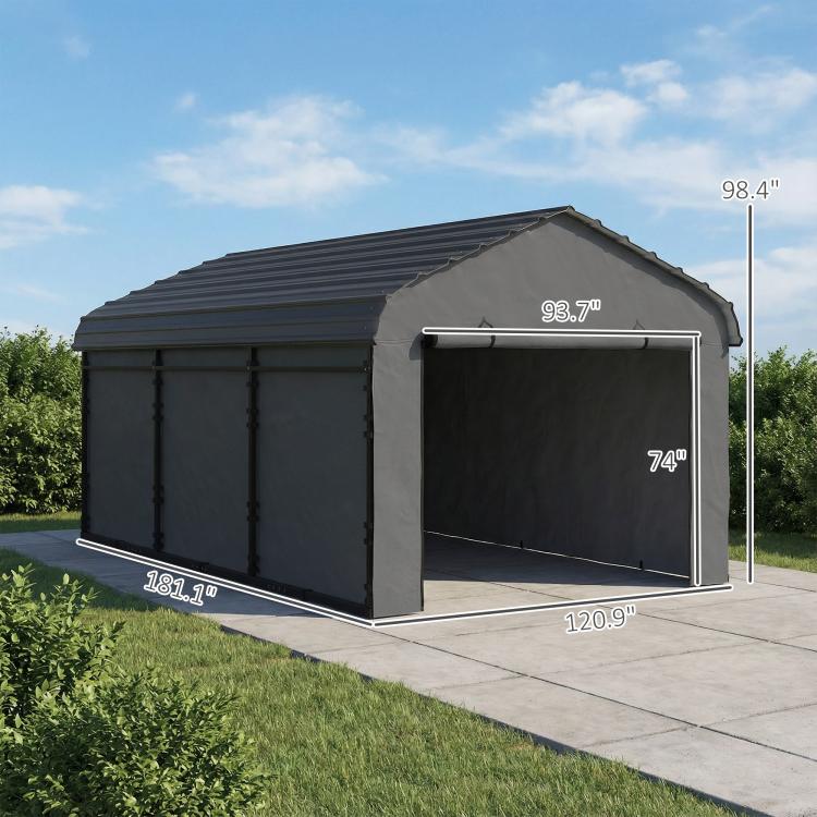 Dark gray metal carport with arched roof, side panels installed and wide entrance