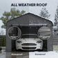 Dark gray metal carport front with arched roof, thick panels and water-resistant seals
