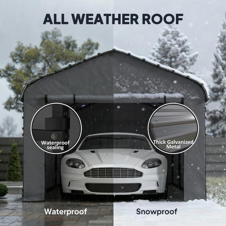 Dark gray metal carport front with arched roof, thick panels and water-resistant seals