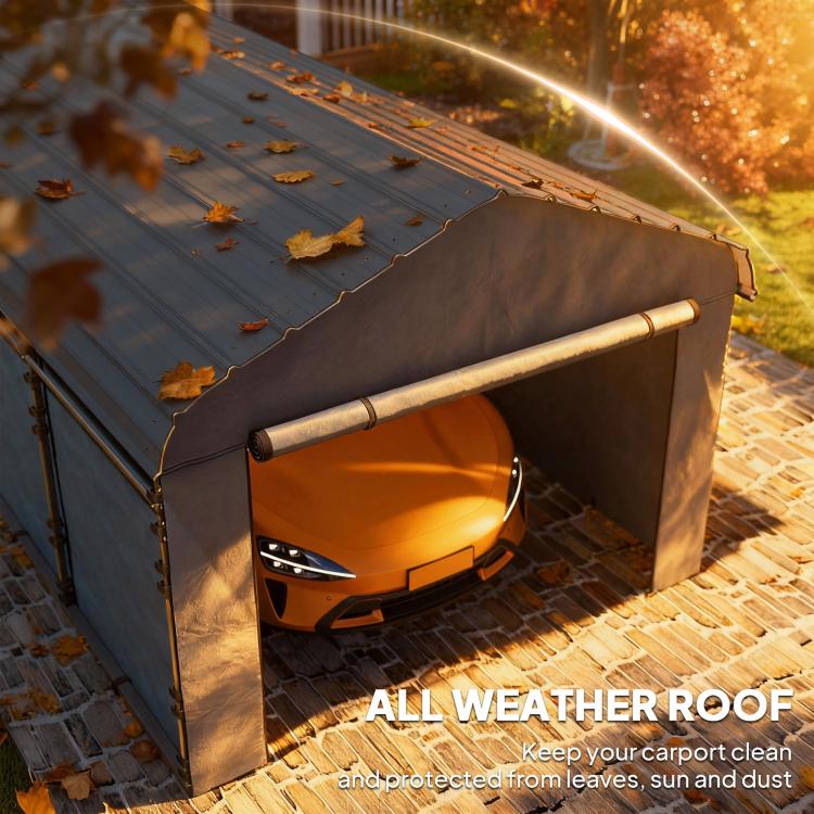 Dark gray metal carport roof with rounded edges, designed to cover and protect items