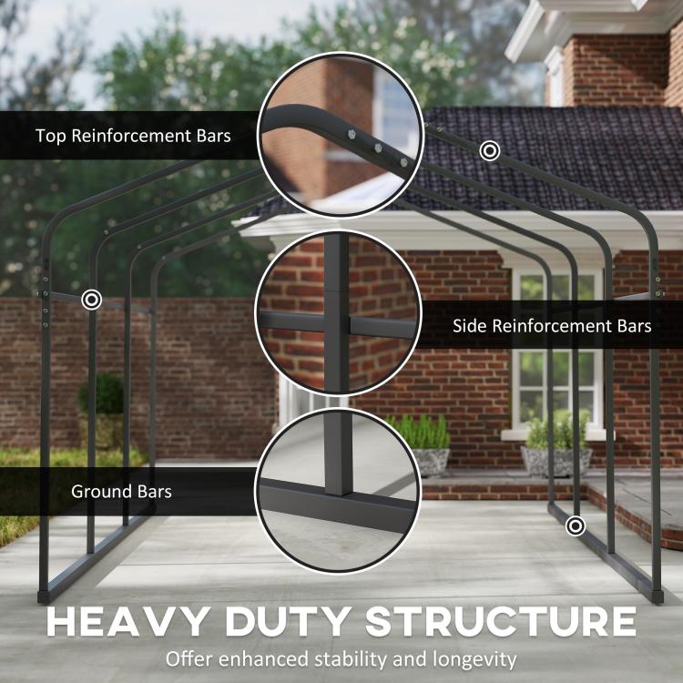 Heavy-duty metal carport frame with top, side, and ground reinforcement bars