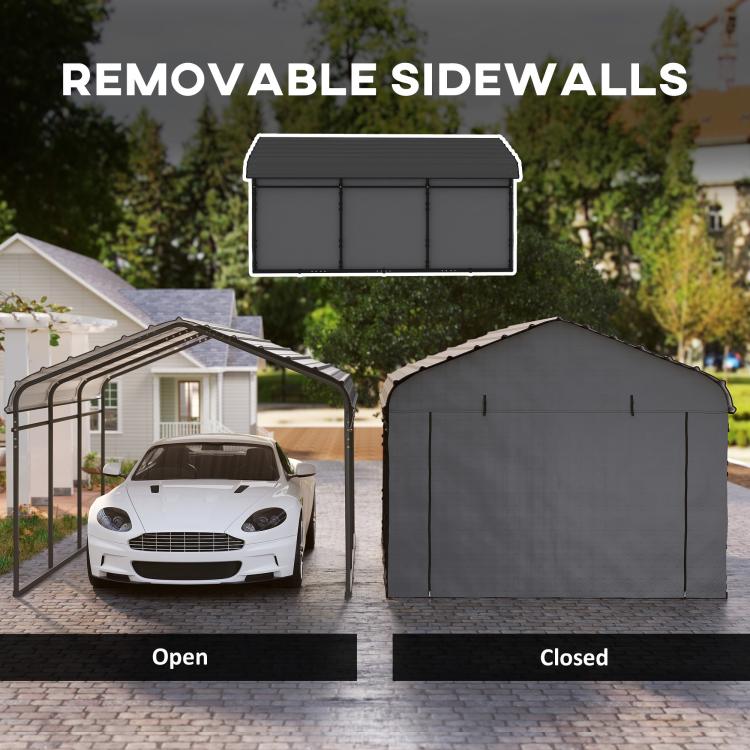 Dark gray metal carport with removable sidewalls, front can be open or closed