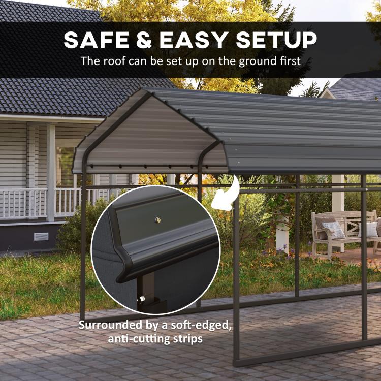 Dark gray metal carport with arched roof and soft-edged anti-cut trim for safety