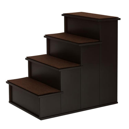 Brown cushioned pet stairs with four steps and dark brown frame, built-in storage steps