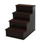 Brown cushioned pet stairs with four levels and side storage panels, dark frame